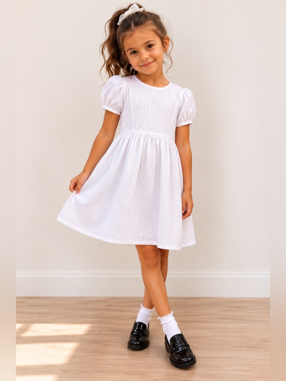Cotton On White Seersucker Puff Sleeve Dress - size 5